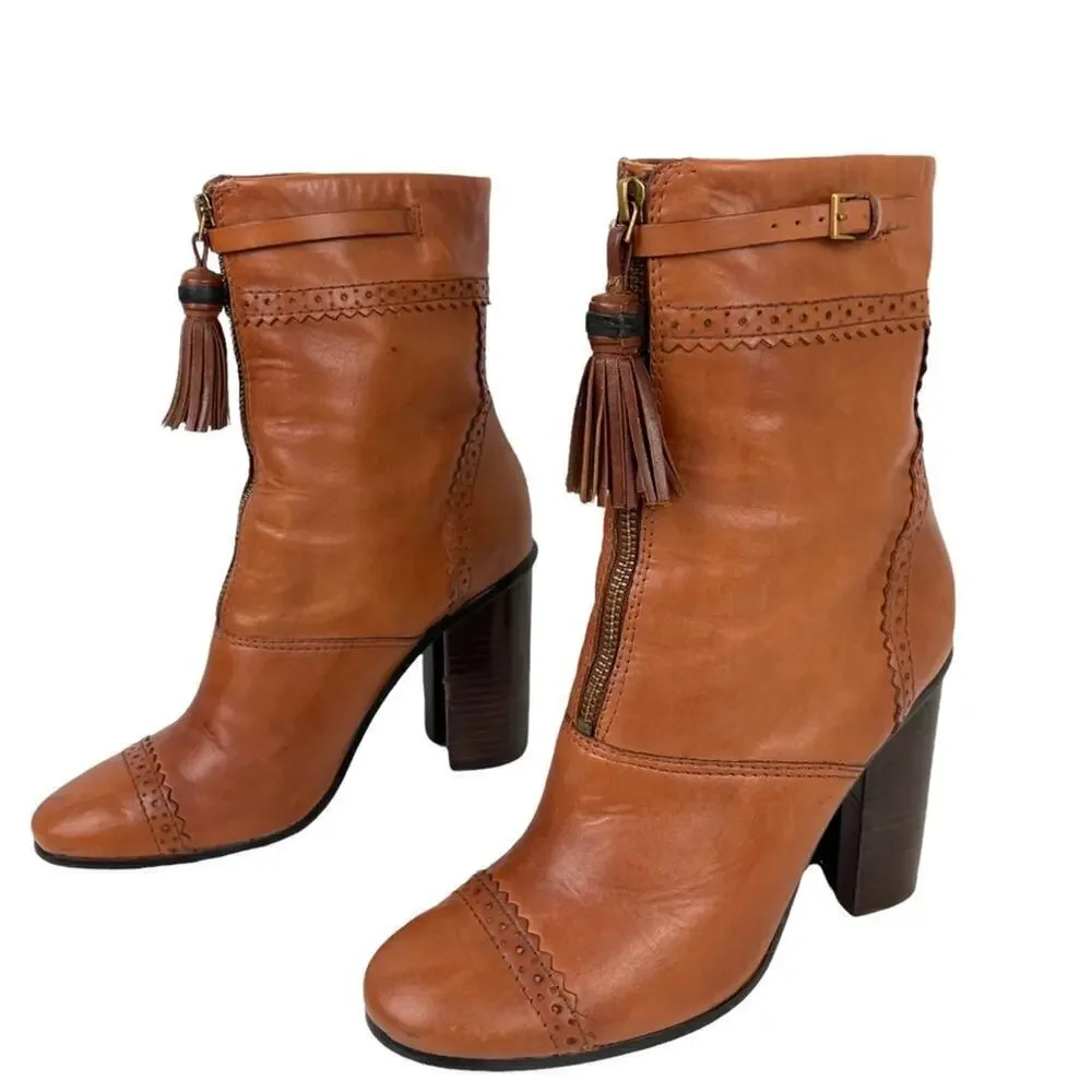 TORY BURCH Womens Size 8 Huxley Brown Leather Ankle Boots Tassel Zipper Shoes